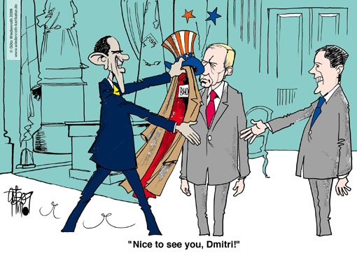 Barack Hussein Obama, BHO, US-president, Wladimir Putin, Russia, Minister president, Dmitrij Medwedjew, Russian president, Moscow, visit, strategic arms reduction, nuclear weapons, insult, disesteem, hat-stand, kremlin, handshake, diplomacy, mistake, birth certificate, natural born citizen, caricature, cartoon, coat