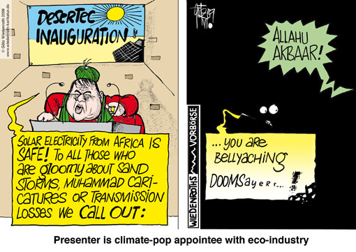 Desertec, solar energy, desert, Africa, supply, Europe, Sigmar Gabriel, Mohammed-caricature, Instability, extortion, potential, transmission losses, long-distance line, eco-industry, Germany, caricature, cartoon