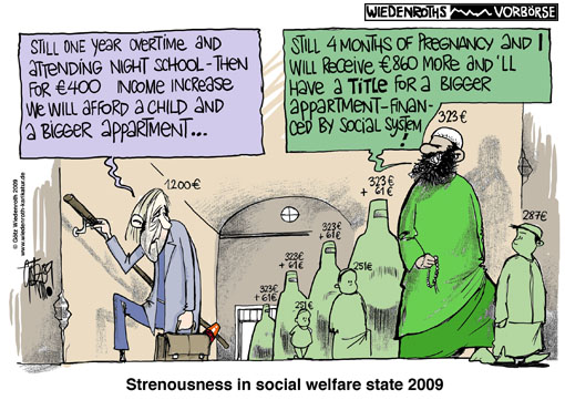welfare aid, Hartz IV, multiculturalism, immigration, cheat, income, controlling, number of children, child allowance, demography, economic refugees, polygamy, marriage law, Family, unification, for, refugees, or, for, migrants, Islam, education, competitiveness, shadow economy, Germany, caricature, cartoon