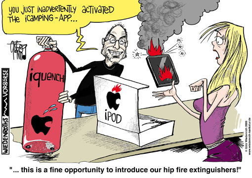 Apple, iphone, ipod, brands, blazes, burnings, danger, Lithium-Ion-Accu, charge, burn, spark, flames, heat, burns, skin, Consumer Product Safety Commission, investigation, hush-money, Steve Jobs, CEO, fire extinguisher, Germany, caricature, cartoon