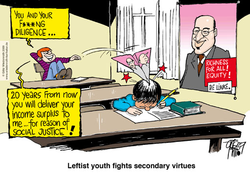 Linkspartei, justice, election poster, richness, redistribution, incentive, diligence, commodity, participation, Gregor Gysi, Oskar Lafontaine, Bodo Ramelow, classroom, school, desk, paper dart, paper airplane, education, Germany, caricature, cartoon
