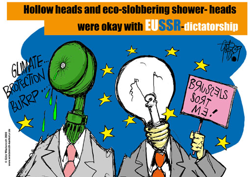 Europa, European Union, commission, Brussels, light bulb, ban, climate, climate protection, CO2, saving, shower head, regulation, water consumption, SPD, poster, campaign, election, european parliament, 2009, Germany, Wiedenroth, caricature, cartoon