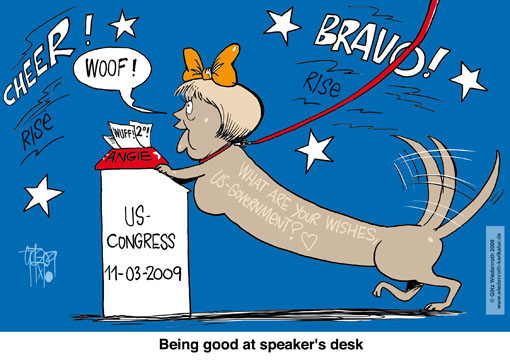 Merkel, USA, Washington, speech, congress, Senate, house, climate. protection, history, reunifcation, sausage dog, poodle, Wiedenroth, caricature, cartoon