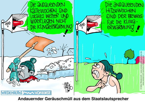 Klima, Propaganda, Winter, Erderwaermung, IPCC, Klimawandel, EIKE, Treibhauseffekt, CO2, Staat, Regulierung, kuenstlich, Gefahr, Abschoepfen, PIK, Potsdam Institut, Schellnhuber, Latif, Rahmstorf, Wiedenroth, Karikatur, cartoon