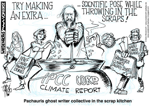 IPCC, Pachauri, glaciergate, Greenpeace, Climategate, Norwich, Lobby, lobbyism, eco, solar industry, wind power, Wiedenroth, Germany, caricature, cartoon
