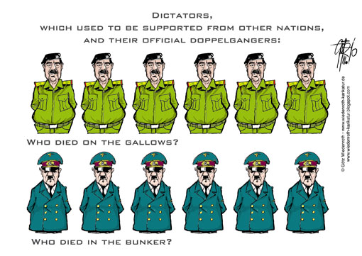 Saddam Hussein, Adolf Hitler, Dictator, Doppelganger, death, circumstances, history, forgery, Manipulation, research, gallows, shelter, Fuhrerbunker, Wiedenroth, Germany, caricature, cartoon