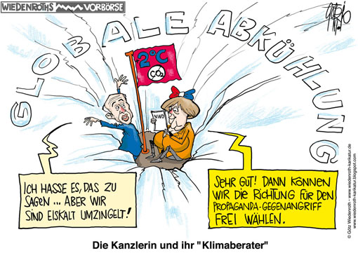 Klima, Treibhauseffekt, Klimaschwindel, Globale Erwaermung, Global Cooling, Fiktion, CO2, Einsparung, Angela, Merkel, Bundeskanzlerin, Schellnhuber, Joachim, Klimaberater, PIK, Potsdam, Institut, Klimagas, Kaelte, Wiedenroth, Karikatur, cartoon