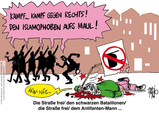 Islam, Kernkraft, Antifa, Islamophobie, Moscheebau, Gegner, Strasse, Gewalt, Wiedenroth, Karikatur, cartoon