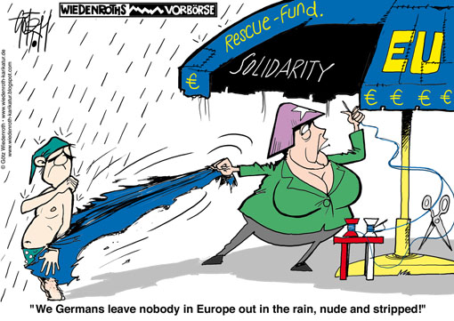 Europe, rescue, fund, Merkel, federal, chancellor, nude, naked, stripped, tax, payer, burden, facility, finance, market, budget, debts, Euro, bonds, bailout, fund, stability, pact, Wiedenroth, Karikatur, cartoon