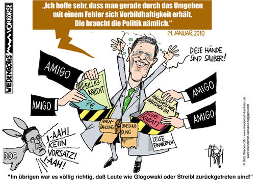 Christian, Wulff, Bundespraesident, Kreditaffaere, Hauskauf, Geerkens, Freunde, privat, Kredit, Landtag, Antwort, halbwahr, Halbwahrheiten, Korruption, Umschuldung, Verschleierung, Vorteilsnahme, im, Amt, Wiedenroth, Karikatur, cartoon