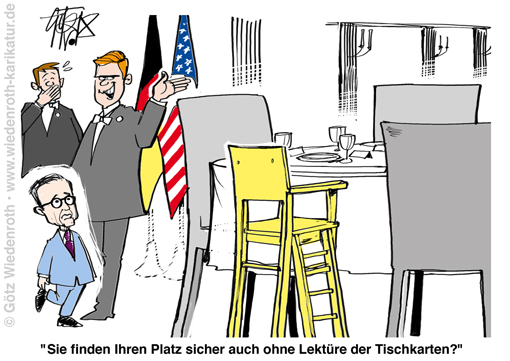 Deutschland; BRD; Aussenminister; Heiko; Maas; USA; Besuch; Washington; Diplomatie; Tischkarte; Hochstuhl; Leichtgewicht; Karikatur; 2018; cartoon; Germany; Allemagne