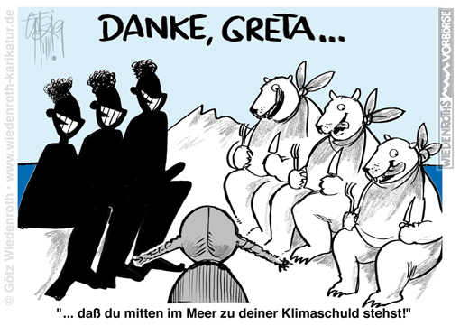 Thunberg; Greta; Klimaschuld; Klimaschutz; Segelreise; Atlantik; Propaganda; Asyl; Klimafluechtling; Eisbaer; Karikatur; 2019; cartoon; Germany; Allemagne