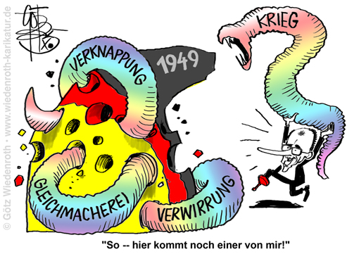Russland; Ukraine; Krieg; Nato; Kriegshetze; Deutschland; Drohnen; Propaganda; Drohkulisse; Angst; Panik; Aufstacheln; Hass; Rechtsstaat; Unrechtsstaat; Soeder; Taeuschung; Betrug; Staat; Kriminalitaet. Karikatur; 2025; Karikatur; cartoon; caricature