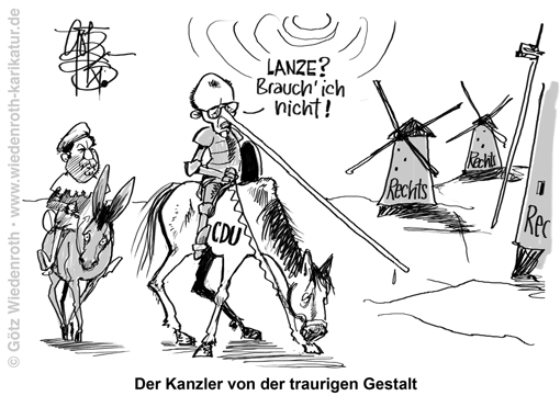 Bundesregierung; Bundeskanzler; Kampf; gegen; Rechts; Prioritaeten; AfD; Brandmauer; Merz; Klingbeil; Don; Quichotte; Sancho; Pansa; Windmuehlen; Karikatur; 2025; cartoon; caricature
