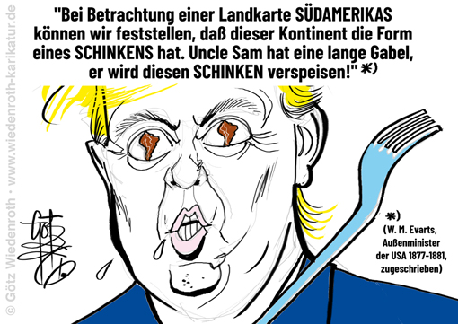 USA; Venezuela; Suedamerika; Oel; Rohstoffe; Bodenschaetze; Trump; Maduro; Raub; Recht; des; Staerkeren; Voelkerrecht; Aussetzung; Abschaffung; Evarts; lange; Gabel; Globalisierung; Piraterie; Karikatur; 2026; cartoon; caricature