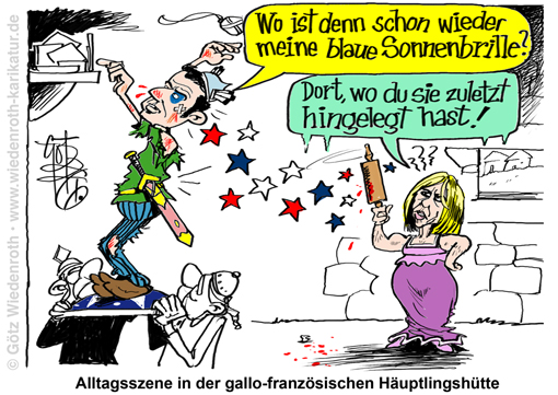 Frankreich; Vietnam; Hanoi; Staatsbesuch; Praesident; Macron; Emmanuel; Brigitte; Flugzeug; Tuer; Angriff; Hieb; Schlag; Gesicht; Slap-Gate; Abwiegeln; Elysee; Kleinreden; Vernebeln; Vertuschen; Gewalt; Ehe; Frauengewalt; Maenner; Opfer; blaue; Sonnenbrille; Davos; WEF; Karikatur; 2026; cartoon; caricature