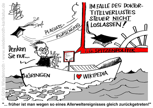 Doktortitel; Promotion; promoviert; Mogeldoktor; Plagiat; Aberkennung; Universitaet; Abschreiben; Zitation; Zitiermethode; Voigt; Ministerpraesident; Thueringen; Doktorhut; Politiker; Ruecktritt; Karikatur; 2026; cartoon; caricature