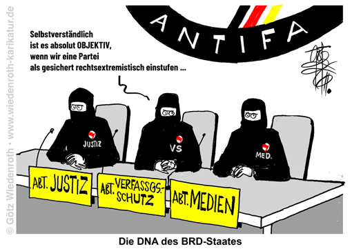 Antifa; Linksextremismus; DNA; Prien; AfD; Verbot; gesichert; rechtsextremistisch; Verfassungsschutz; Landesamt; Bundesamt; Ideologie; ideologisch; Karikatur; 2026; cartoon, caricature