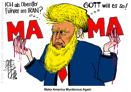 USA; Israel; Iran; Krieg; Ueberfall; unprovoziert; Angriffskrieg; brutal; Ayatollah; Religion; Wahn; Fanatismus; gesalbt; Messias; Wiederkehr; Endschlacht; Gottesschlacht; Armageddon; Ideologie; Fundamentalismus; Islam; Christentum; Karikatur; 2026; cartoon, caricature