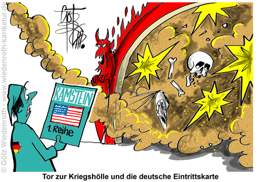 USA; Iran; Deutschland; Krieg; Ramstein; Kriegsbeteiligung; hineinziehen; verwickeln; Raketen; Lenkwaffen; Reichweite; Status; Kriegsteilnehmer; Kriegsteilnahme; Luftoperationszentrum; Koordination; Hilfestellung; Voelkerrecht; Karikatur; 2026; cartoon, caricature