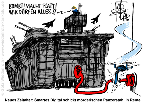 USA; Iran; Krieg; Ukraine; Waffen; Technologie; Aenderung; Spielregeln; Schlachtfeld; Lenkwaffen; Raketen; Drohnen; Hyperschall; Voelkerrecht; Hegemon; Trump; Arroganz; Angriff; Supermacht; Prediktor; Karikatur; 2026; cartoon, caricature