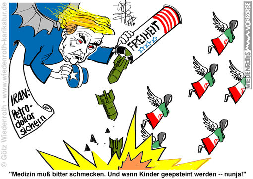 USA; Iran; Krieg; voelkerrechtswidrig; Angriffskrieg; brutaler; Trump; Wahlversprechen; Bruch; gebrochen; Minab; Kinder; Maedchenschule; Bombardierung; Kinder; Mord; Epstein; Wert; Blutopfer; Barbarei; Freiheit; Demokratie; Werte; westliche; Karikatur; 2026; cartoon; caricature