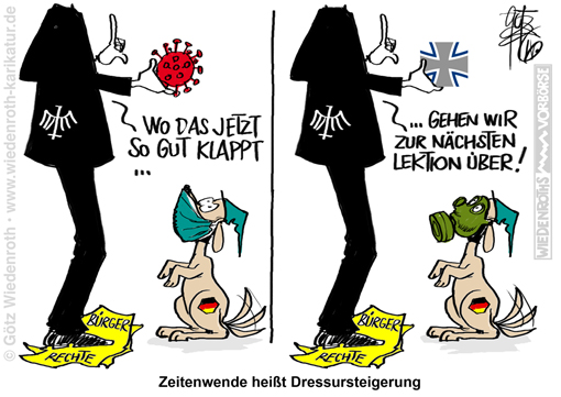 BRD; Deutschland; Militarisierung; Grundgesetz; Grundrechte; Abschaffung; Selbstbestimmung; Individualitaet; Reisefreiheit; Meinungsfreiheit; Kriegstuechtigkeit; Hirnwaesche; Karikatur; 2026; cartoon; caricature