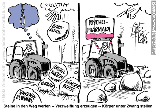 Landwirtschaft; Landwirt; Suizid; Selbstmord; Politik; Problem; Loesung; Regulierung; Vorschriften; Buerokratie; Bauern; Protest; Verfolgung; Bundschuh; Gesundheit; Regime; Kosten; Treibstoff; Duengemittel; Karikatur; 2026; cartoon; caricature