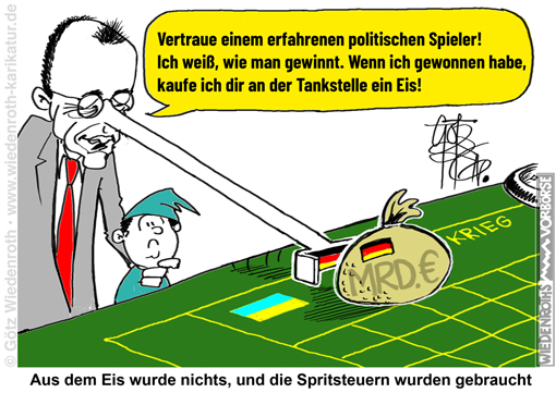 Bundesregierung; Bundeskanzler; Merz; Ukraine; Selenskyj; Steuergeld; Unterstuetzung; Waffenlieferung; Kriegsbeteiligung; Drohnen; Fabrik; legitime; Ziele; Roulette; Spieltisch; Karikatur; 2026; cartoon; caricature
