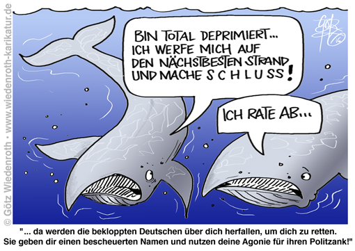 Strand; Wal; Strandung; retten; Rettungsaktion; Timmi; Ostsee; Nordsee; Walrettung; Gewissen; Wahn; Projektion; Weltrettung; Kult; Fetisch; Konsolidierung; Politik; Macht; Karikatur; 2026; cartoon, caricature