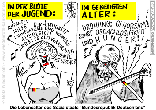 Deutschland; Sozialstaat; Merz; Bundeskanzler; Gesellschaft; Abstieg; Drohung; Obdachlosigkeit; Hunger; Buergergeld; Grundsicherung; Menschenbild. Staat; Rechtsstaat; Unrechtsstaat; Karikatur; 2026; cartoon; caricature