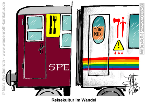 Immigration; Gewalt; Asyl; offene; Grenzen; Sicherheit; Bahn; Bahnreise; Islam; Messer; Axt; Buntheit; Vielfalt; Realitaet; Verweigerung; Angriff; Fahrgast; Bordpersonal; Deutsche; Bahn; Epoche; Vergleich; Ikonogramm; Gabel; Speisewagen; Karikatur; 2026; cartoon; caricature