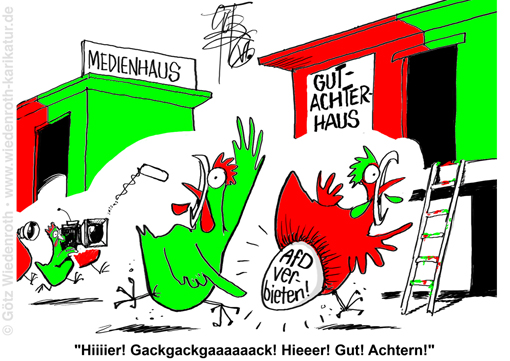 Deutschland; BRD; Demokratie; Politik; Kampf; AfD; Verbot; NGO; Gefaelligkeit; Gutachten; Anschein; Wissenschaftlichkeit; rotgruen; Meute; Zitation; Zirkel; gegenseitig; Bestaetigung; Blase; Echokammer; Huehnerhof; Karikatur; 2026; cartoon, caricature