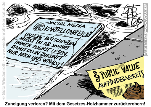 EUdSSR; Landesmedienanstalt; Zensur; Shadowbanning; Staat; Propaganda; Public; Value; Auffindbarkeit; Gesinnung; Haltung; Gehorsam; Volkserziehung; Wahrheitsministerium; Smartphone; Karikatur; 2026; cartoon; caricature