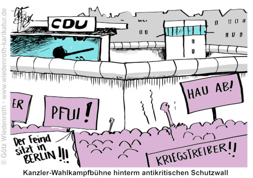 Demokratie; Deutschland; Bundesregierung; Merz; Bundeskanzler; Wahlkampf; Sachsen-Anhalt; Landtag; Polizeischutz; Abschirmung; Vereinsamung; Beliebtheitswerte; Protest; Pfeifkonzert; Unmut; Publikum; Mauer; DDR; Wachturm; Schiessbefehl; ; Karikatur; 2026; cartoon, caricature