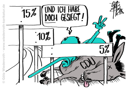Demokratie; Deutschland; BRD; Staat; Merz; Parteien; Parteienstaat; CDU; Absturz; Wahlergebnis; Fuenfprozenthuerde; Esel; tot; reiten; Wahlergebnis; Mecklenburg-Vorpommern; Landtagswahl; Karikatur; 2026; cartoon, caricature