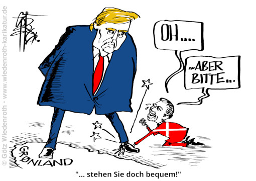 Groenland; Daenemark; USA; Deal; Einigung; Imperialismus; Militaer; Basis; Macht; Zwang; Nato; Einlenken; Trump; Frederiksen; Kalaallit Nunaat; Karikatur; 2026; cartoon, caricature