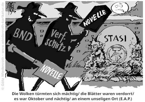 Demokratie; Deutschland; BRD; Geheimdienst; Nachrichtendienst; Befugnisse; Ausweitung; Staat; Charakter; Stasi; DDR; Buergerrechte; Grundrechte; Abbau; Karikatur; 2026; cartoon, caricature