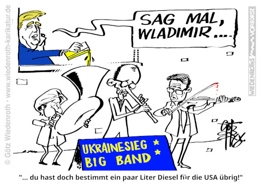 Deutschland; EU; UK; Merz; Leyen; Burnham; Ukraine; Sanktionen; Russland; Trump; USA; Unterlaufen; Sanktionen; Diesel; Kauf; Karikatur; 2026; cartoon; caricature