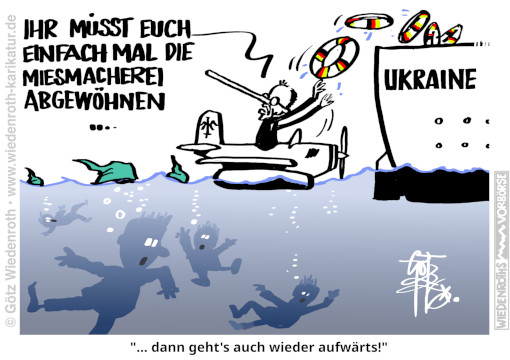 Deutschland; Bundesregierung; Merz; Steuermittel; Verwendung; Ukraine; Krieg; Ausland; EUropa; Insolvenz; Arbeitsplatzabbau; Niedergang; Seenot; Rettungsring; Geschenke; Verschenken; Landesverrat; Karikatur; 2026; cartoon, caricature