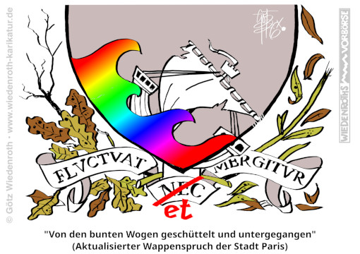 Immigration, Migrantengewalt; Linksextremismus; Antifa; Krawall; Paris; Frankreich; Brandstiftung; Pluenderung; Kriminalitaet; Buntheit; Vielfalt; Asylmissbrauch; Asylbetrug; Verfall; Dekadenz; Kulturzerstoerung; Wappen; Fluctuat; Mergitur;; Karikatur; 2026; cartoon, caricature
