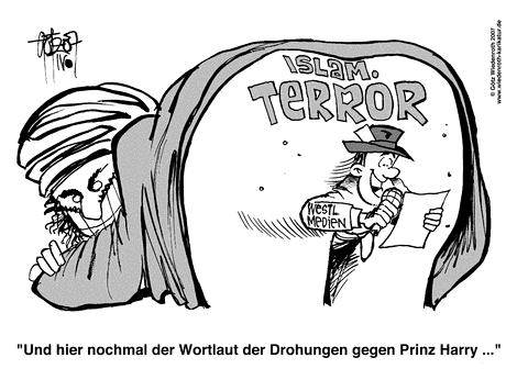 Islam, Terror, Afghanistan, Presse, Medien, Harry Windsor, Prinz Harry, Drohung, Drohbrief, Vermeldung, Mastdarmakrobatik, Immigration, Multikulturalismus, Ideologie, Religion, Gewalt, Enduring Freedom, Besetzung, Usurpation, NATO, USA, Aggression, Wiedenroth, Karikatur, cartoon, Germany, Allemagne