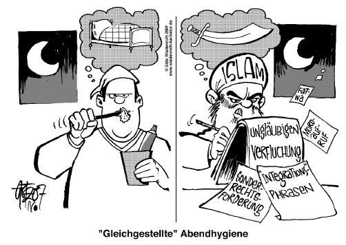 Islam, Sonderrechte, Rechtsprivileg, Extrawurst, Immigration, Multikulturalismus, Wiedenroth, Karikatur, cartoon, Germany, Allemagne