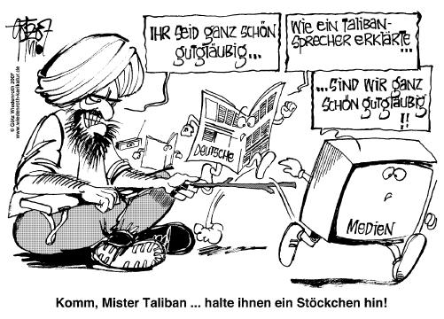 Medien, Zeitung, Presse, Rundfunk, Berichterstattung, Afghanistan, Taliban, Sprecher, Vertrauen, Presserecht, Pressekodex, Presserat, Gutglaeubigkeit, Falschinformation, Enduring Freedom, Krieg, Besetzung, War on Terrorism, Wiedenroth, Karikatur, cartoon, Germany, Allemagne