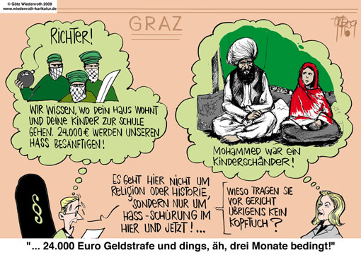 Oesterreich; FPOE, Susanne Winter, Politikerin, Wahlkampf, Mohammed, Kinderschaender, Justiz, Strafantrag, Muslime, Beleidigtsein, Kritik, Kritische Methode, Koran, Hadith, Sunna, Christoph Lichtenberg, Richter, Bedrohung, Angst, Geldstrafe, Bewaehrungsstrafe