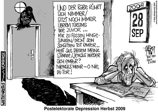 Union, SPD, Angela Merkel, Frank-Walter Steinmeier, Franz Muentefering, Volker Kauder, Streit, Stillstand, Unentschlossenheit, Wirkungslosigkeit, Stagnation, grosse Koalition, Machterhalt, Gezerre, Rabe, Gedicht, Edgar Allan Poe, Lyrik