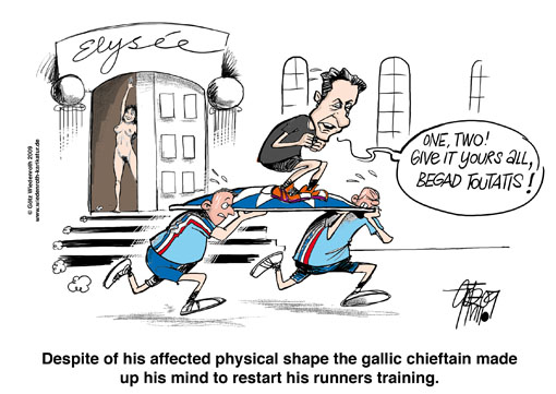 France, Nicolas Sarkozy, president, blackout, syncope, jogging, Carla Bruni, Majestix, endurance training, Germany, caricature, cartoon