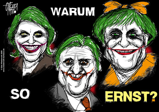 CDU, SPD, Wahlplakat, Laecheln, Grinsen, Joker, Batman, Angela Merkel, Frank-Walter Steinmeier, Ursula von der Leyen, Zensursula, Wiedenroth, Karikatur
