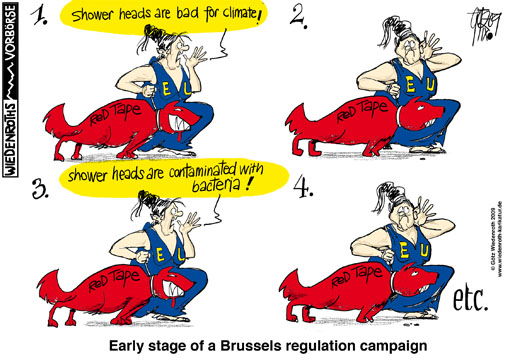 Europe, European union, EU, Brussels, Buerocracy, red tape, regulation, shower heads, Energy, climate, protection, bacteria, Biofilm, Wiedenroth, Germany, caricature, cartoon