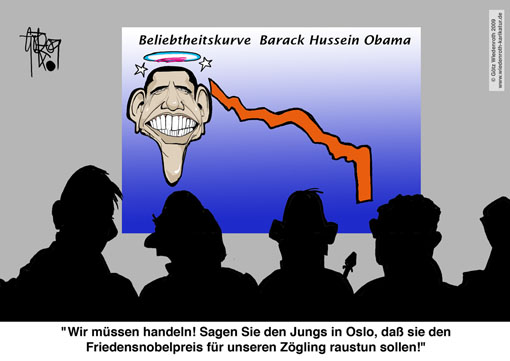 USA, Obama, Barack, Praesident, Nobelpreis, Friedensnobelpreis, Nobelkomitee, Farce, Schleuderpreis, Wiedenroth, Karikatur